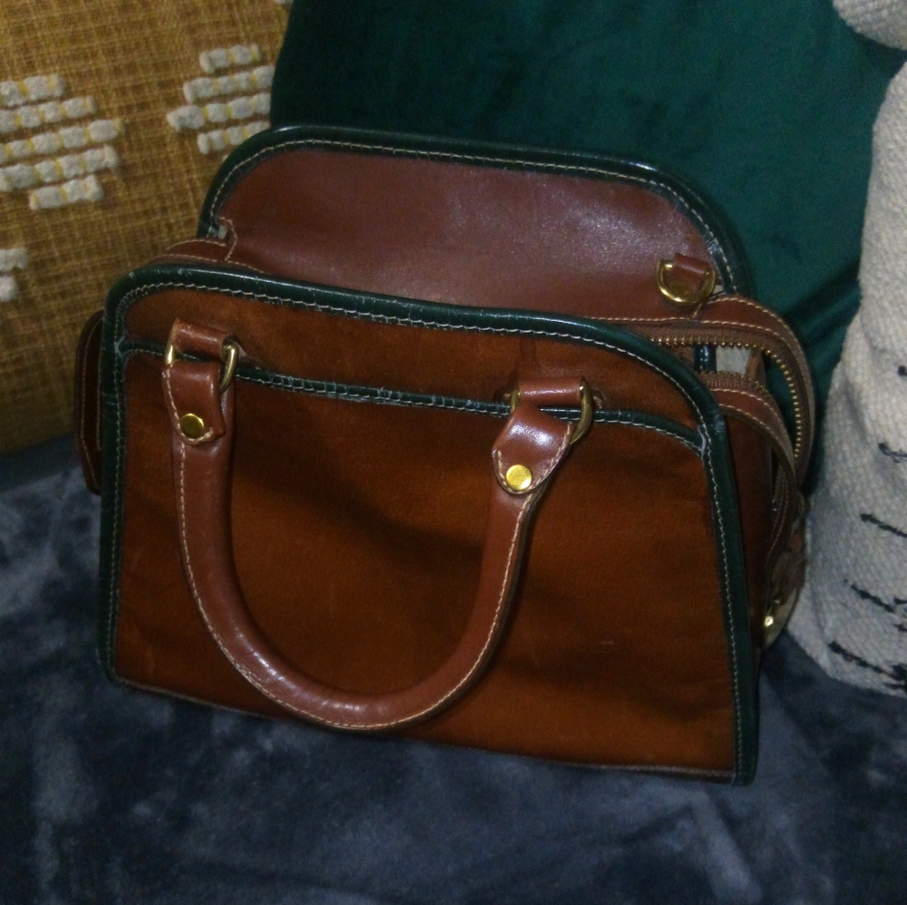 Brahmin Mini Bowler Leather Top Handle Satchel in Cognac Brown with Green Trim - Picture 3 of 14